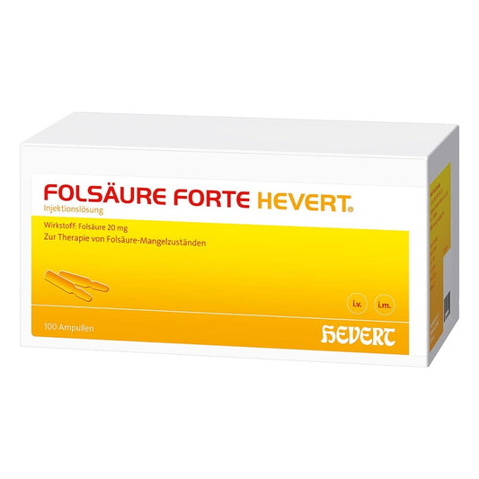 Das Produktfoto zeigt Folsäure Forte Hevert 20 Mg Inj.-Lösung Amp. (100X2 ml) PZN 04907027