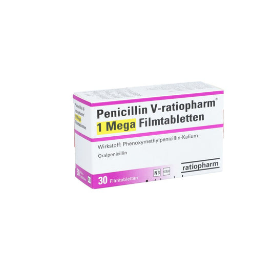 Das Produktfoto zeigt Penicillin V-Ratiopharm 1 Mega Filmtabletten (30 stk) PZN 04908015
