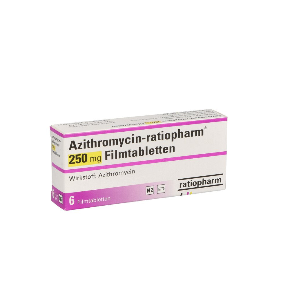 Das Produktfoto zeigt Azithromycin-Ratioph.250mg Filmtabletten (6 stk) PZN 04908297
