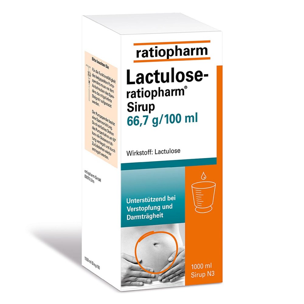Das Produktfoto zeigt Lactulose-Ratiopharm Sirup (1000 ml) PZN 04916871