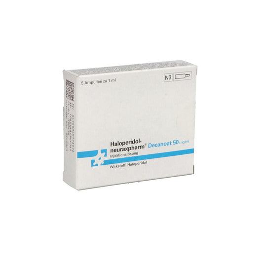 Das Produktfoto zeigt Haloperidol-Neuraxp. Decanoat 50mg/Ml Inj.-Lsg. (5X1 ml) PZN 04917391