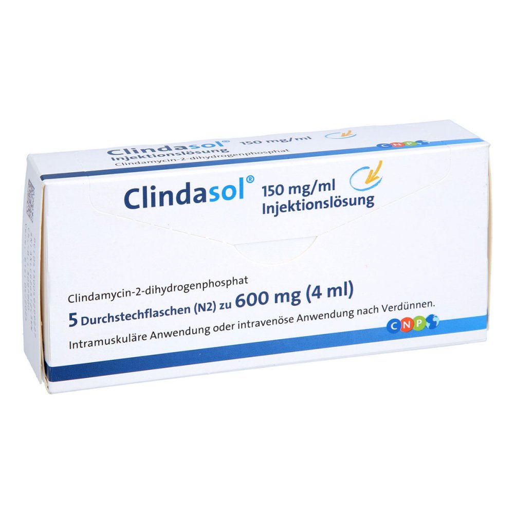 Das Produktfoto zeigt Clindasol 150 Mg/Ml Inj.-Lsg.600 Mg (5X4 ml) PZN 04929922
