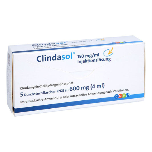 Das Produktfoto zeigt Clindasol 150 Mg/Ml Inj.-Lsg.600 Mg (5X4 ml) PZN 04929922