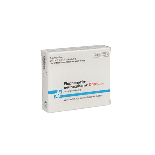 Das Produktfoto zeigt Fluphenazin-Neuraxpharm D 100 Mg/Ml Iim (5X1 ml) PZN 04935638