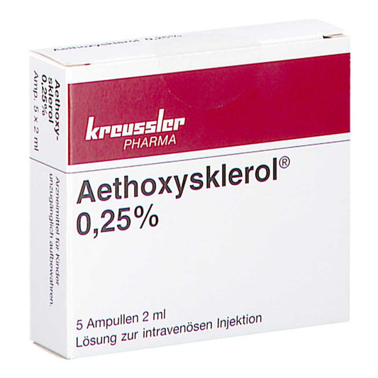 Das Produktfoto zeigt Aethoxysklerol 0,25% Injektionslösung (5X2 ml) PZN 04940243
