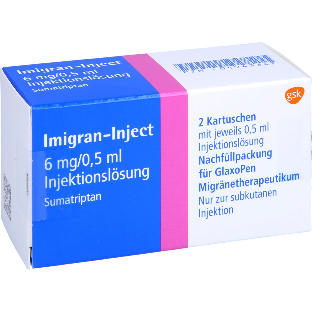 Das Produktfoto zeigt Imigran-Inject Nachfüllpack Injektionslösung (2 stk) PZN 04943342