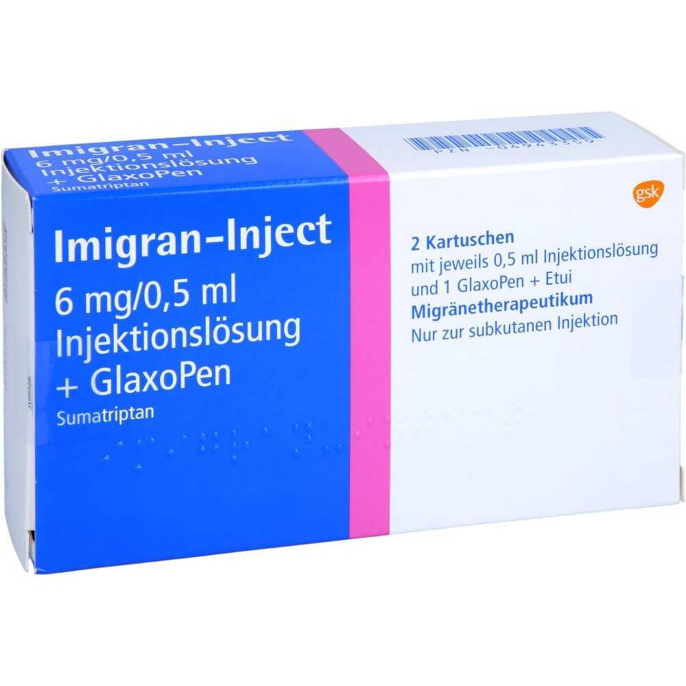 Das Produktfoto zeigt Imigran-Inject + 1 Glaxopen Inj.-Lsg.I.E.Fertigsp. (2 stk) PZN 04943359