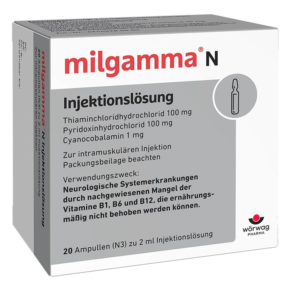 Das Produktfoto zeigt Milgamma N Injektionslösung Ampullen (20X2 ml) PZN 04945803
