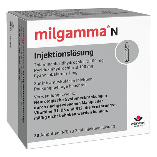 Das Produktfoto zeigt Milgamma N Injektionslösung Ampullen (20X2 ml) PZN 04945803