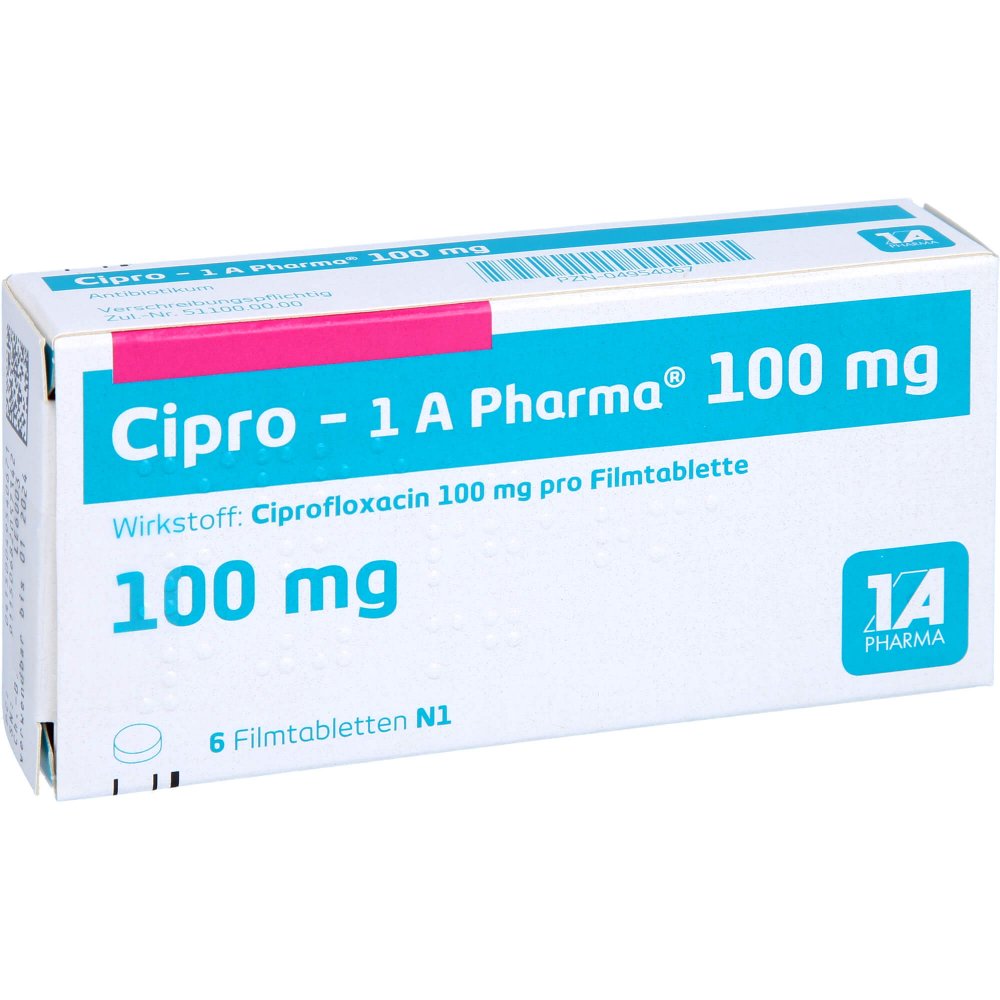 Das Produktfoto zeigt Cipro-1a Pharma 100 Mg Filmtabletten (6 stk) PZN 04954067