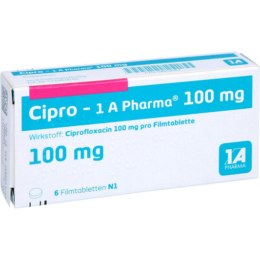 Das Produktfoto zeigt Cipro-1a Pharma 100 Mg Filmtabletten (6 stk) PZN 04954067