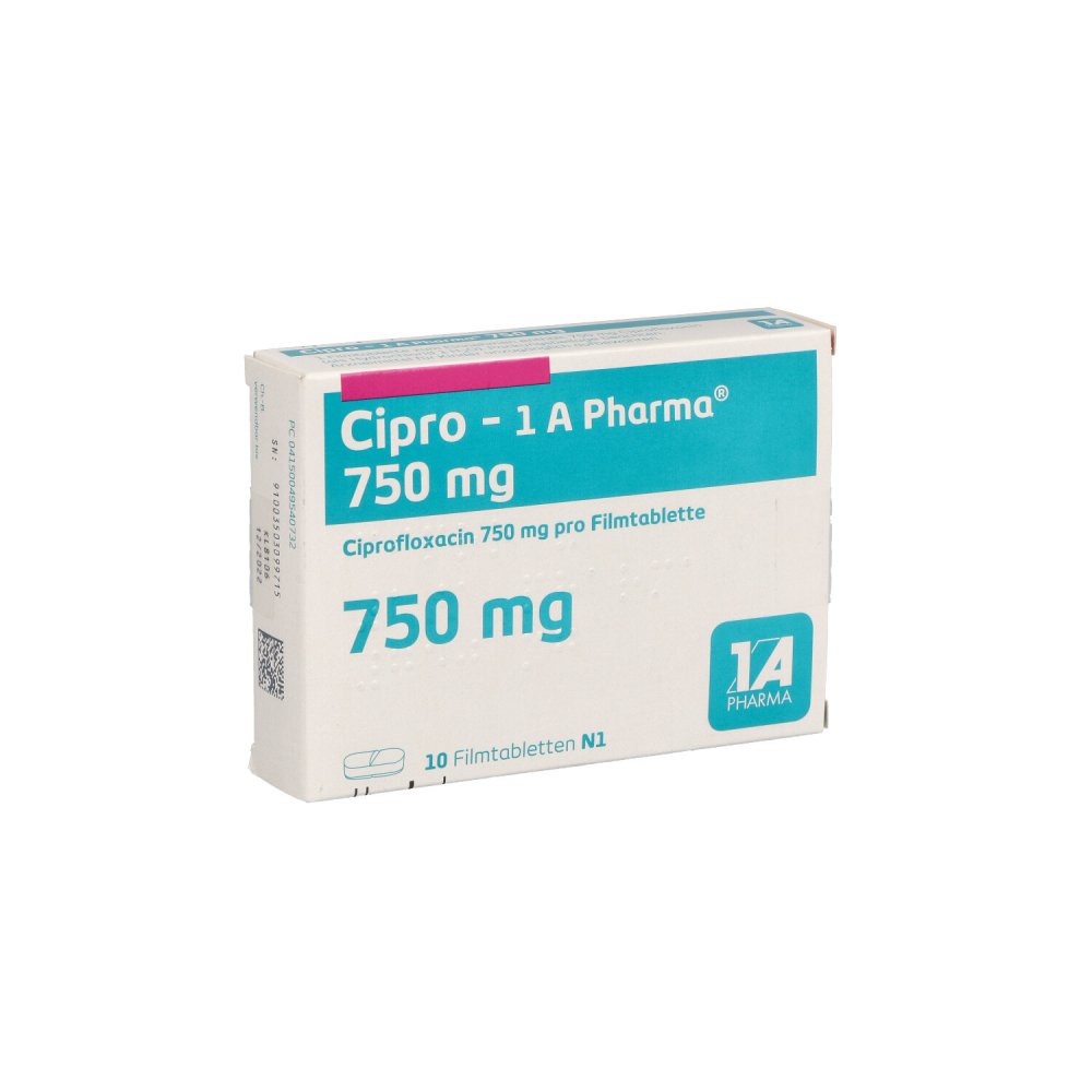 Das Produktfoto zeigt Cipro-1a Pharma 750 Mg Filmtabletten (10 stk) PZN 04954073
