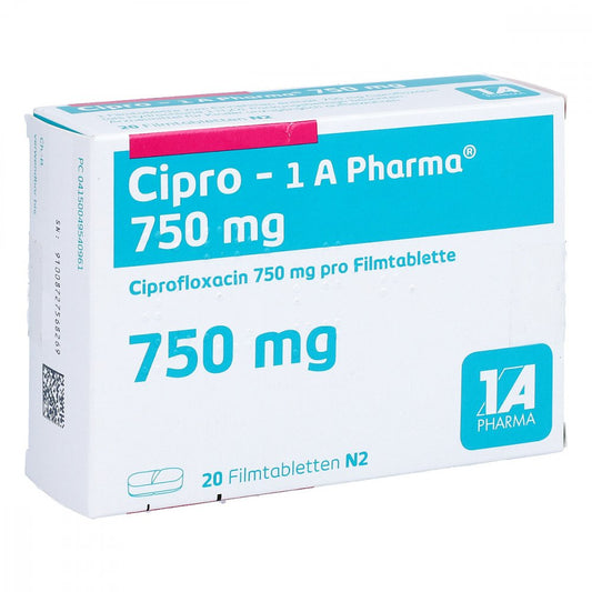 Das Produktfoto zeigt Cipro-1a Pharma 750 Mg Filmtabletten (20 stk) PZN 04954096
