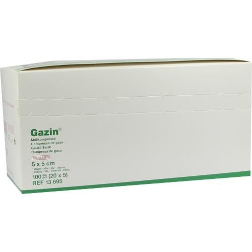 Das Produktfoto zeigt Gazin Mullkomp.5x5 Cm Steril 12fach (20X5 stk) PZN 04957551