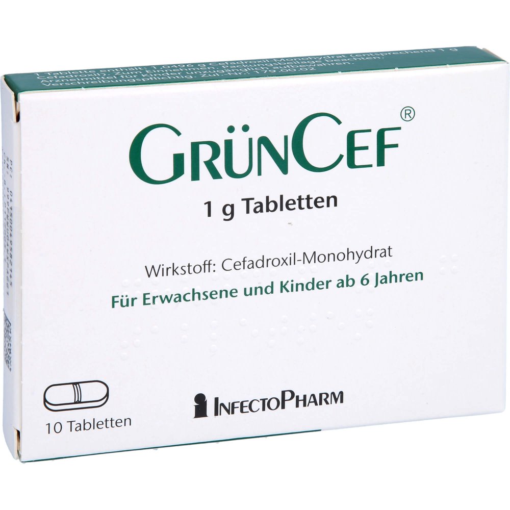 Das Produktfoto zeigt Grüncef 1 G Tabletten (10 stk) PZN 04958214