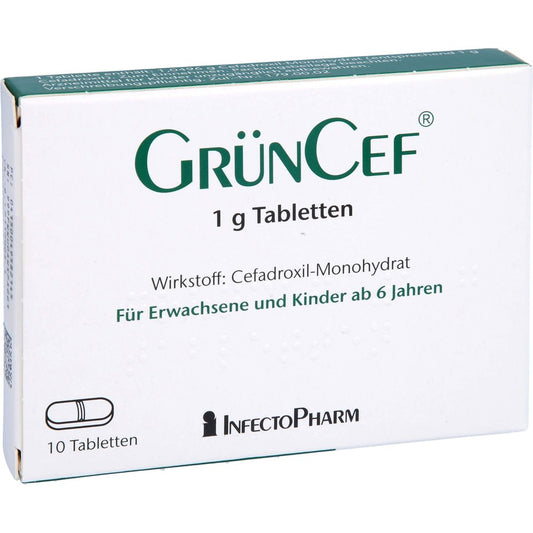 Das Produktfoto zeigt Grüncef 1 G Tabletten (10 stk) PZN 04958214