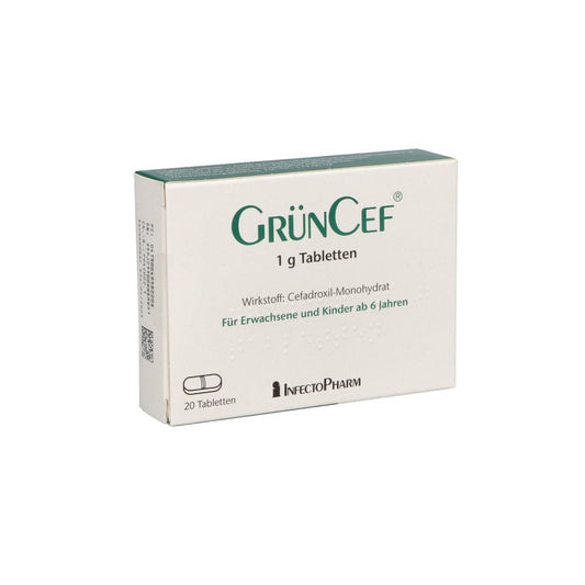 Das Produktfoto zeigt Grüncef 1 G Tabletten (20 stk) PZN 04958220