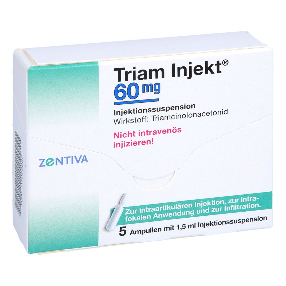 Das Produktfoto zeigt Triam Injekt 60 Mg Kristallsuspension In Ampullen (5X1.5 ml) PZN 04969287