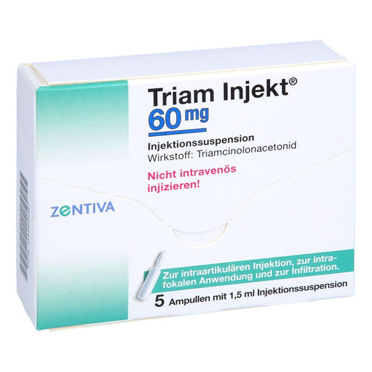 Das Produktfoto zeigt Triam Injekt 60 Mg Kristallsuspension In Ampullen (5X1.5 ml) PZN 04969287