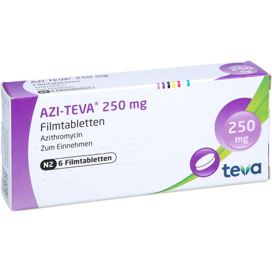 Das Produktfoto zeigt Azi Teva 250 Mg Filmtabletten (6 stk) PZN 04982891