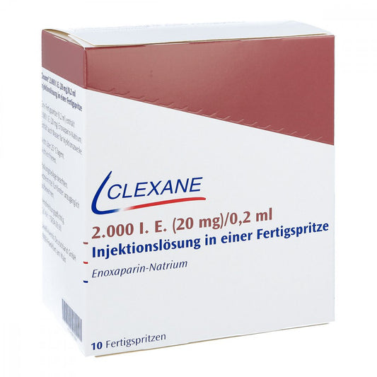 Das Produktfoto zeigt Clexane 2.000 I.E. 20mg/0,2ml Ilo F.Sp.+Sich-Sys. (10 stk) PZN 05013266