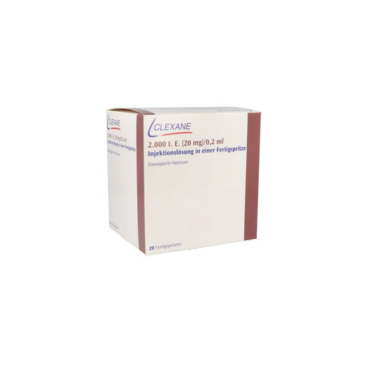 Das Produktfoto zeigt Clexane 2.000 I.E. 20mg/0,2ml Ilo F.Sp.+Sich-Sys. (20 stk) PZN 05013289