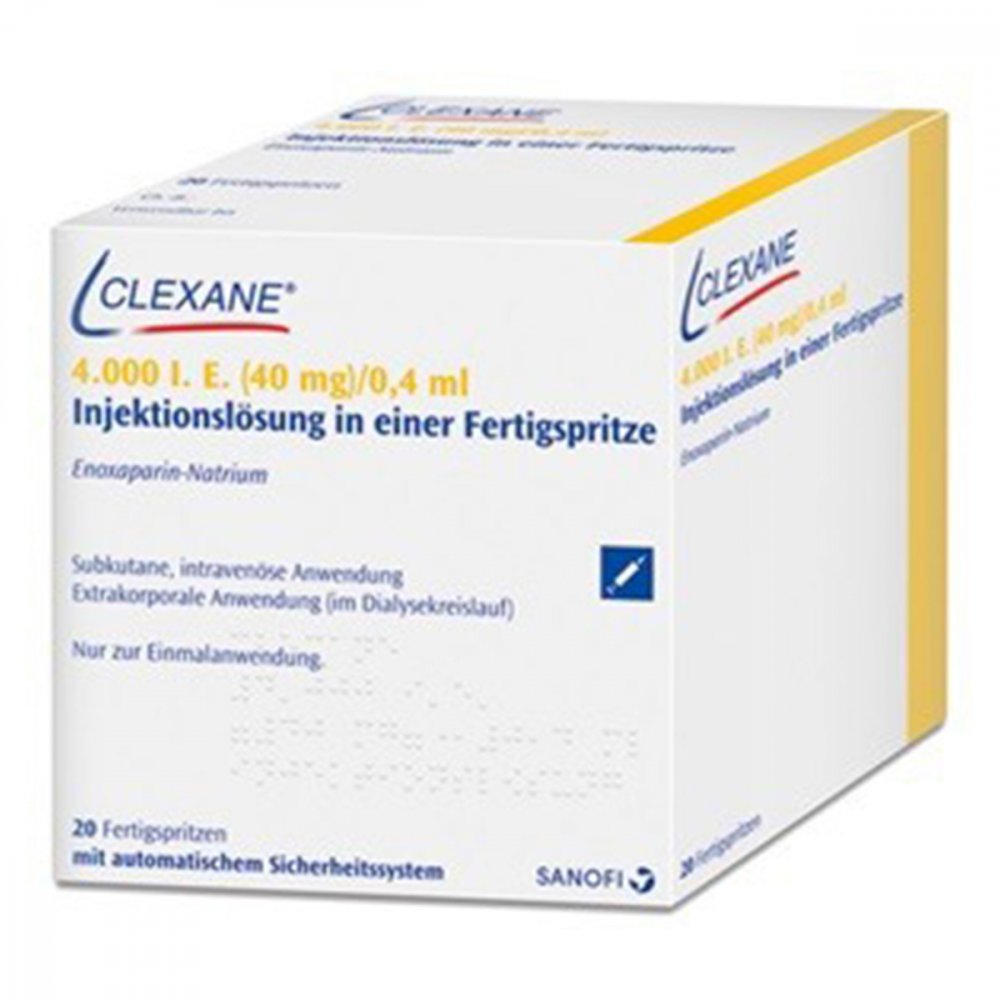 Das Produktfoto zeigt Clexane 4.000 I.E. 40mg/0,4ml Ilo F.Sp.+Sich-Sys. (20 stk) PZN 05013361