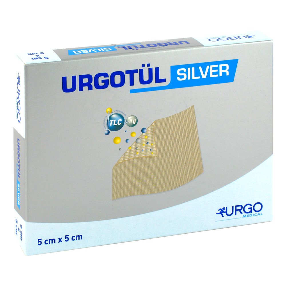 Das Produktfoto zeigt Urgotül Silver 5x5 Cm Wundgaze (10 stk) PZN 05046461