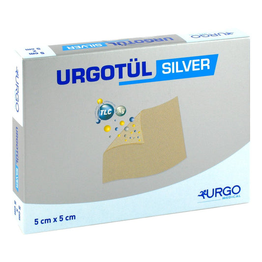 Das Produktfoto zeigt Urgotül Silver 5x5 Cm Wundgaze (10 stk) PZN 05046461