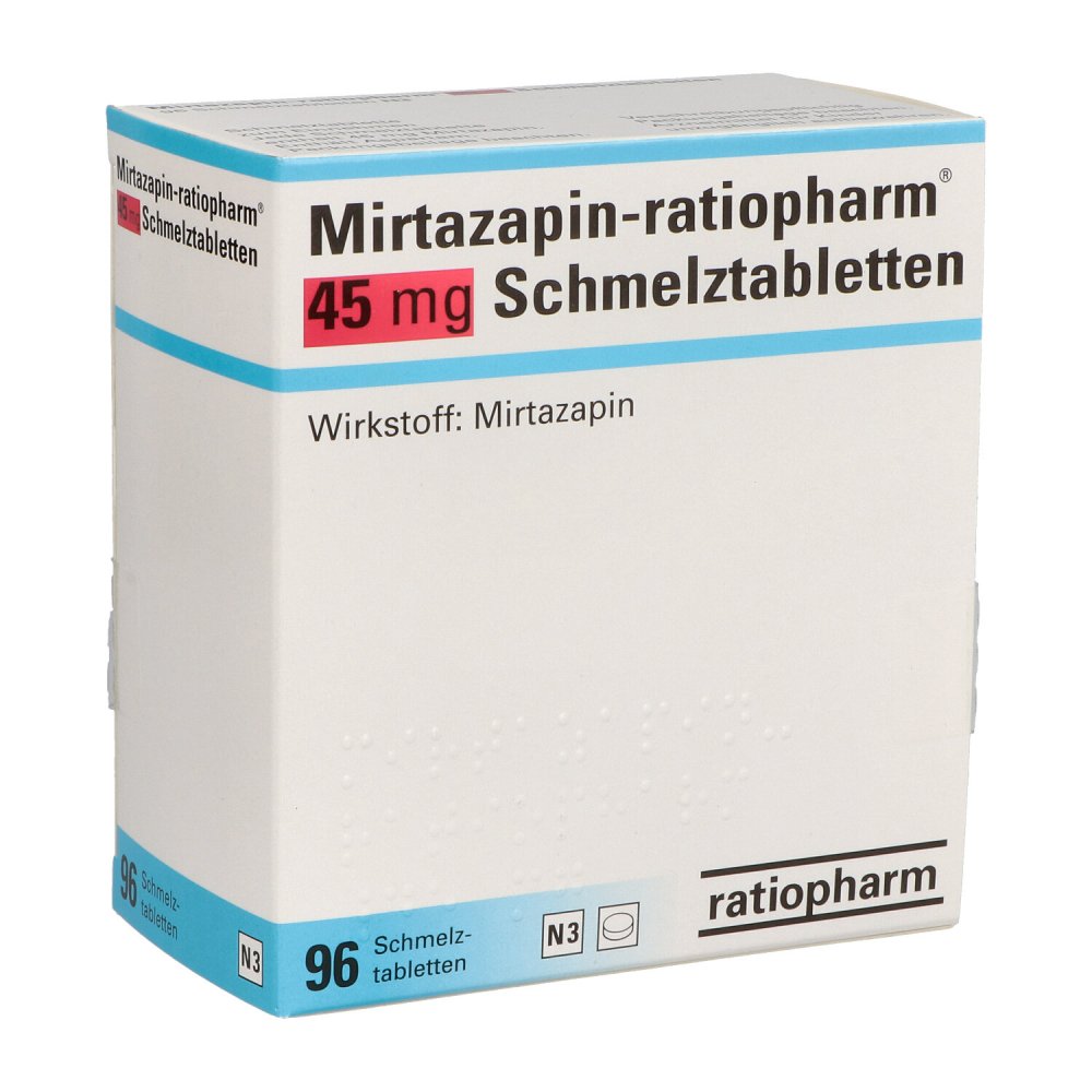 Das Produktfoto zeigt Mirtazapin-Ratiopharm 45 Mg Schmelztabletten (96 stk) PZN 05105376