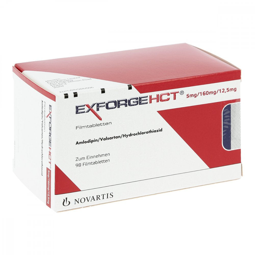 Das Produktfoto zeigt Exforge Hct 5 Mg/160 Mg/12,5 Mg Filmtabletten (98 stk) PZN 05111253
