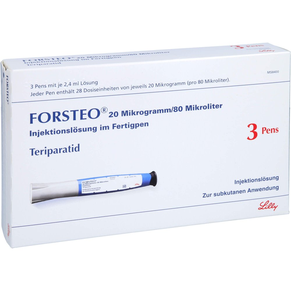 Das Produktfoto zeigt Forsteo 20 Μg/80 Μl Inj.-Lsg.Im Fertigpen (3 stk) PZN 05127722