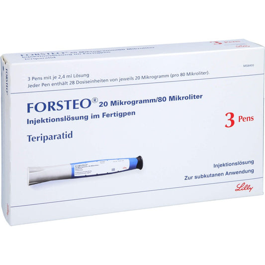 Das Produktfoto zeigt Forsteo 20 Μg/80 Μl Inj.-Lsg.Im Fertigpen (3 stk) PZN 05127722