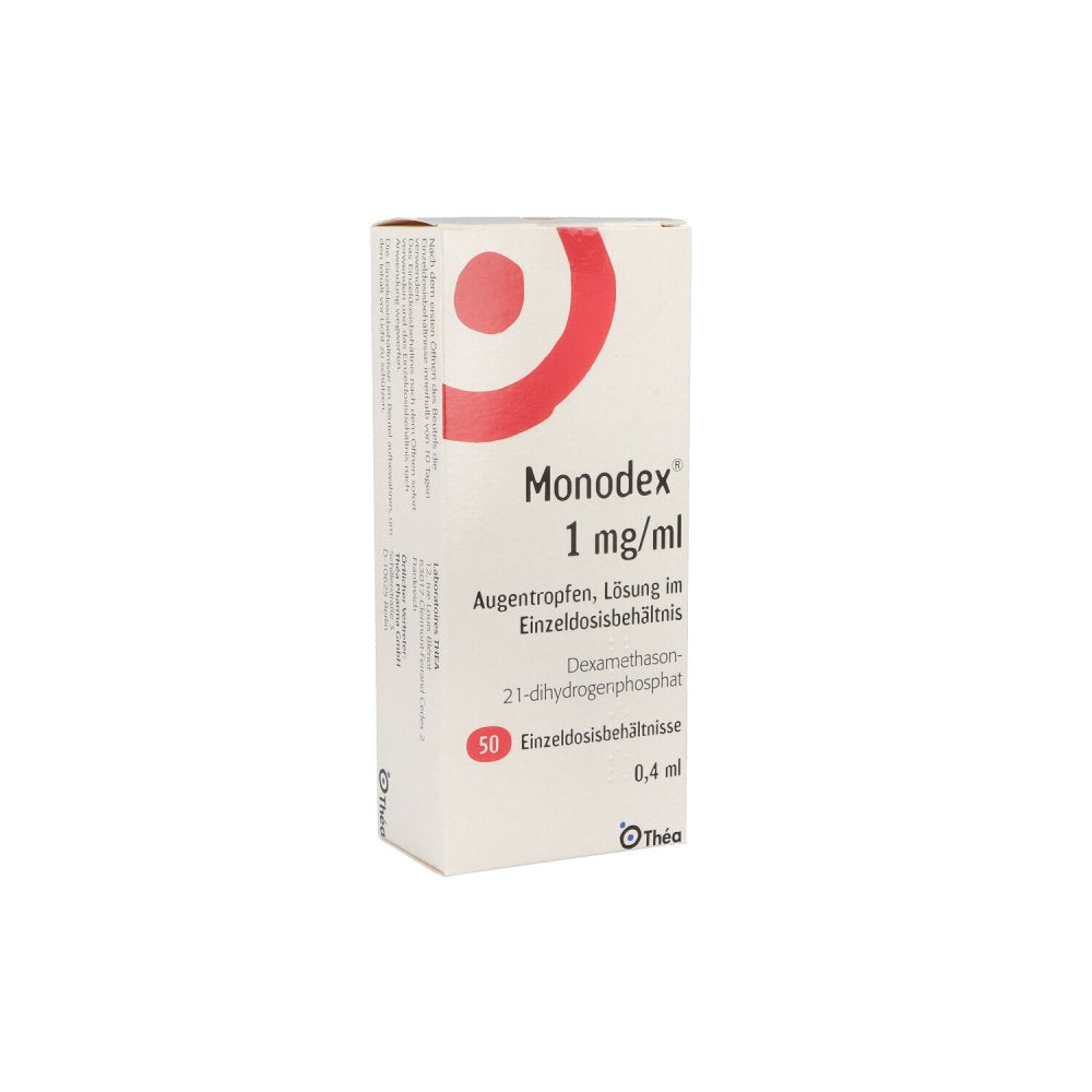 Das Produktfoto zeigt Monodex 1 Mg/Ml Augentropfen I.Einzeldosisbehältn. (50X0.4 ml) PZN 05136112