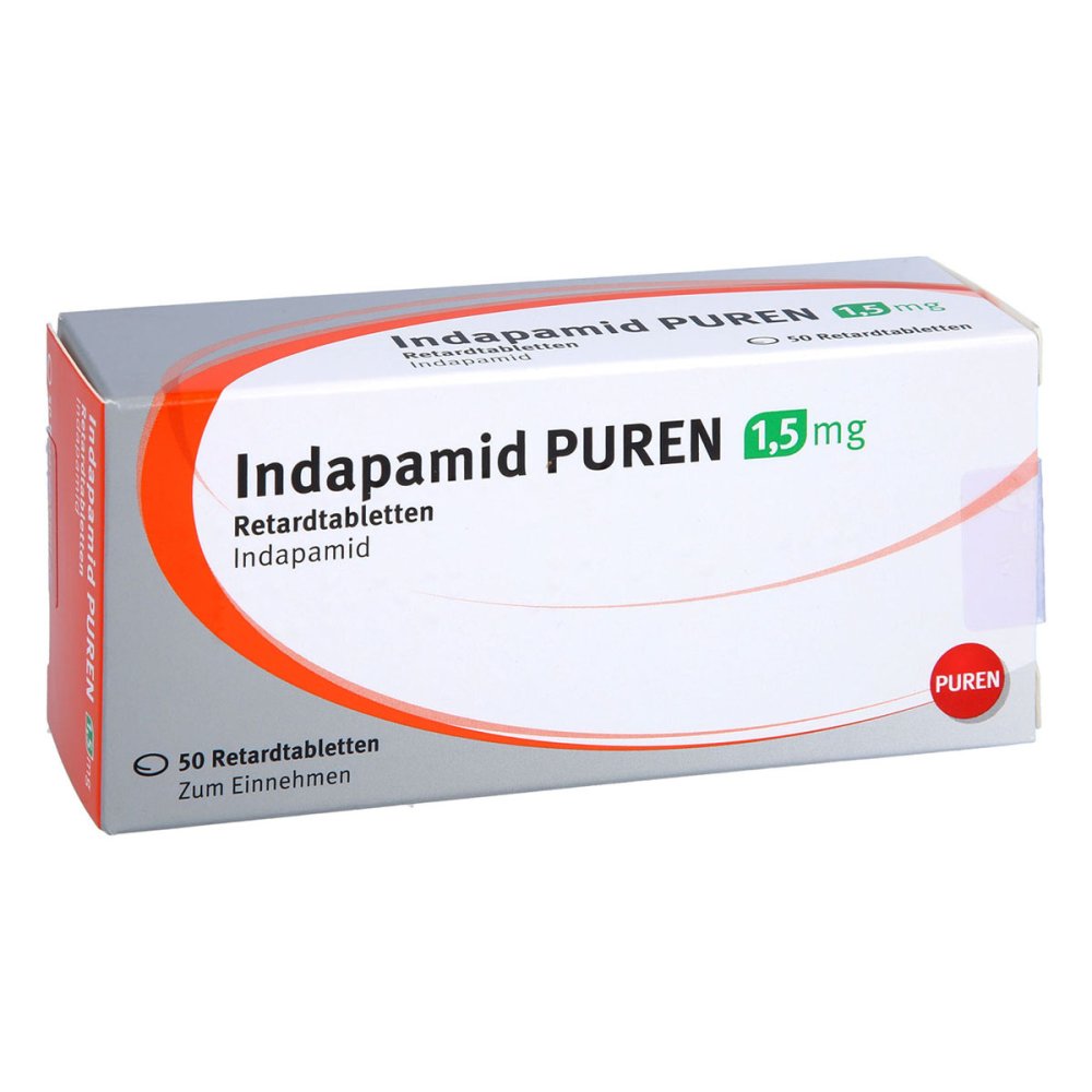 Das Produktfoto zeigt Indapamid Puren 1,5 Mg Retardtabletten (50 stk) PZN 05362920