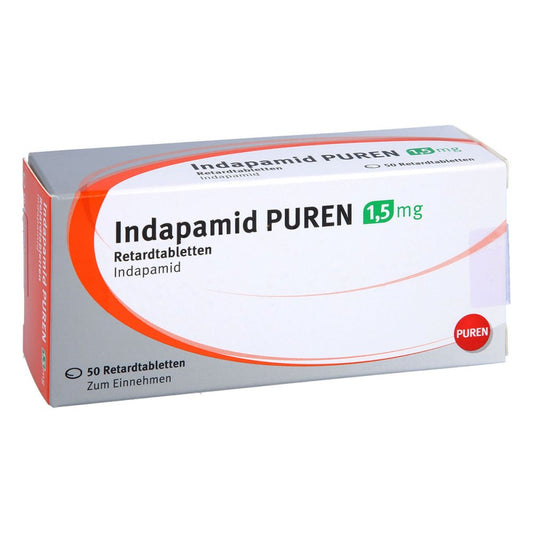 Das Produktfoto zeigt Indapamid Puren 1,5 Mg Retardtabletten (50 stk) PZN 05362920