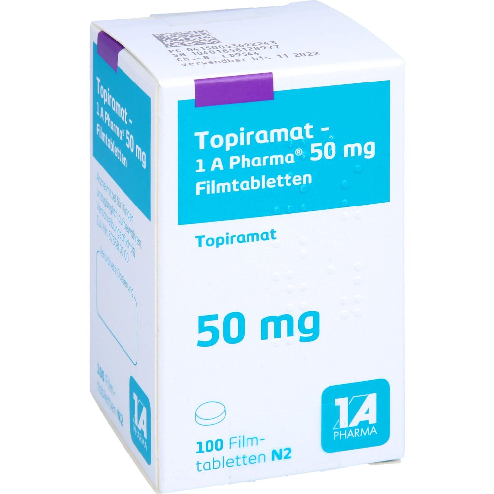 Das Produktfoto zeigt Topiramat-1a Pharma 50 Mg Filmtabletten (100 stk) PZN 05369224