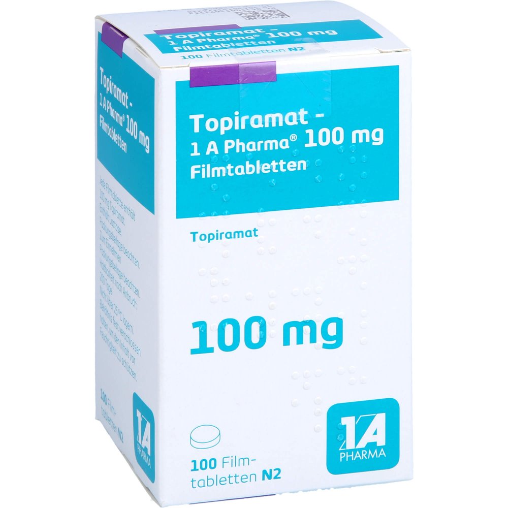 Das Produktfoto zeigt Topiramat-1a Pharma 100 Mg Filmtabletten (100 stk) PZN 05369253