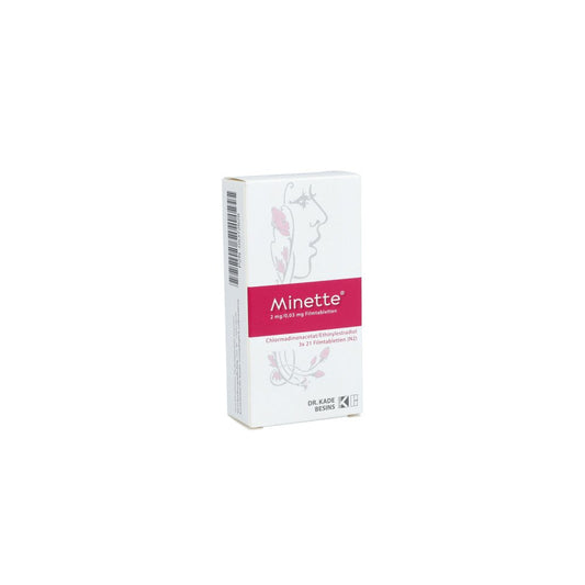 Das Produktfoto zeigt Minette 2 Mg/0,03 Mg Filmtabletten (3X21 stk) PZN 05372628