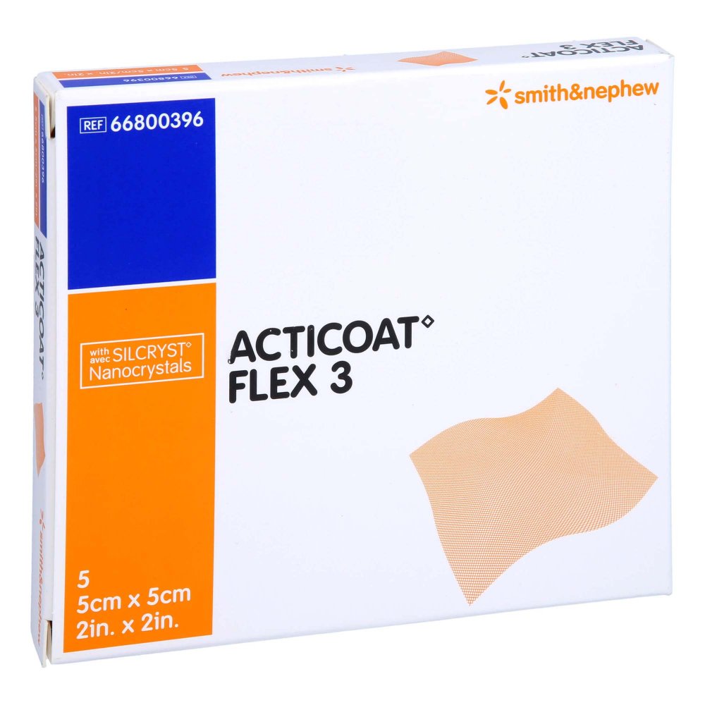 Das Produktfoto zeigt Acticoat Flex 3 5x5 Cm Verband (5 stk) PZN 05372835