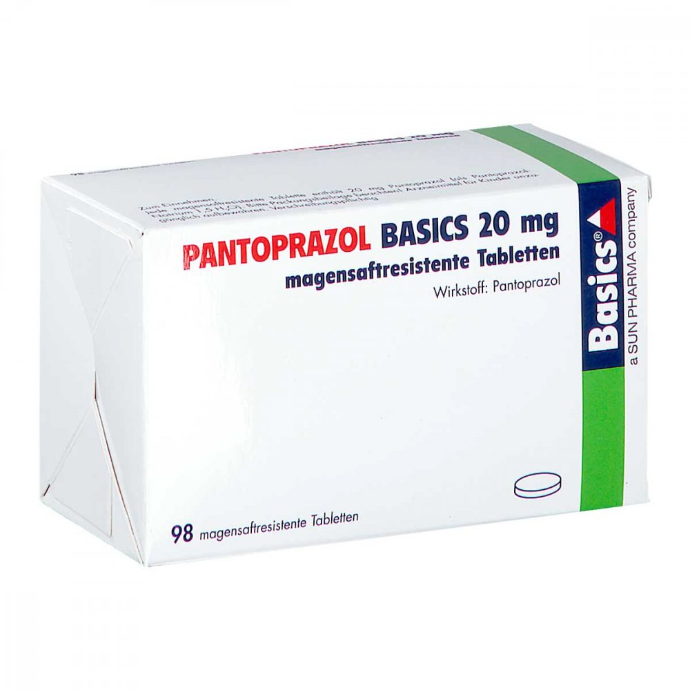Das Produktfoto zeigt Pantoprazol Basics 20 Mg Magensaftres.Tabletten (98 stk) PZN 05373763