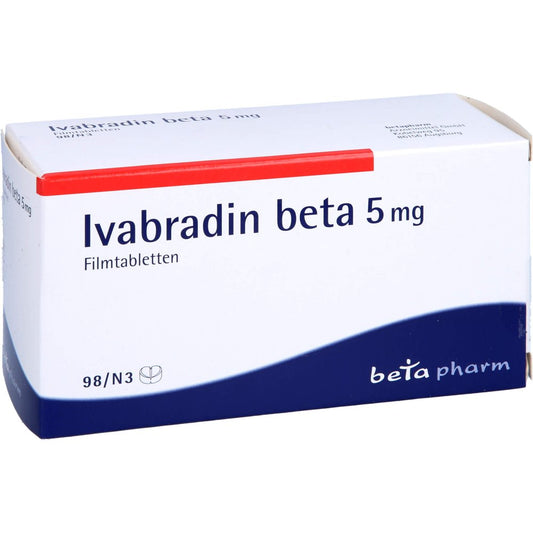 Das Produktfoto zeigt Ivabradin Beta 5 Mg Filmtabletten (98 stk) PZN 05378022
