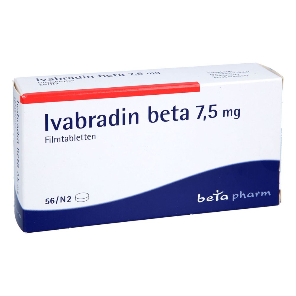 Das Produktfoto zeigt Ivabradin Beta 7,5 Mg Filmtabletten (56 stk) PZN 05378051