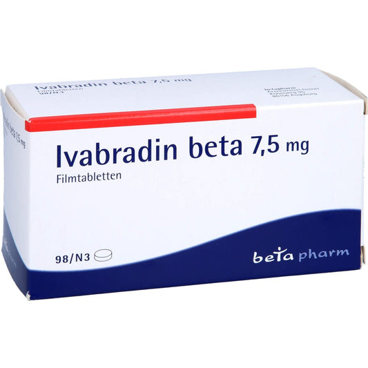 Das Produktfoto zeigt Ivabradin Beta 7,5 Mg Filmtabletten (98 stk) PZN 05378068