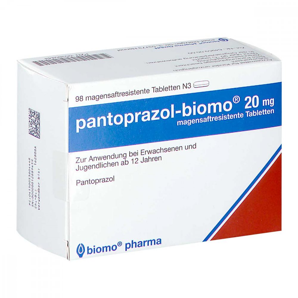 Das Produktfoto zeigt Pantoprazol-Biomo 20 Mg Magensaftres.Tabletten (98 stk) PZN 05380444