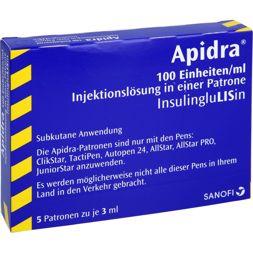 Das Produktfoto zeigt Apidra 100 E/Ml Inj.-Lsg.I.E.Patrone (5X3 ml) PZN 05387630