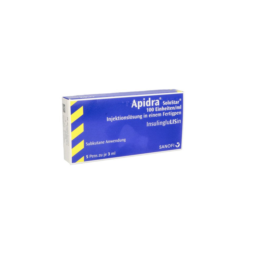 Das Produktfoto zeigt Apidra 100 E/Ml Solostar Inj.-Lsg.I.E.Fertigpen (5X3 ml) PZN 05387682