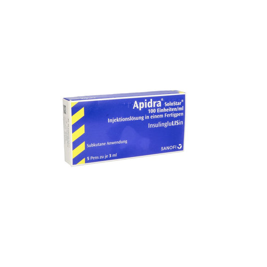 Das Produktfoto zeigt Apidra 100 E/Ml Solostar Inj.-Lsg.I.E.Fertigpen (5X3 ml) PZN 05387682