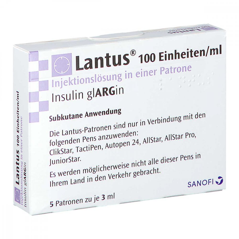 Das Produktfoto zeigt Lantus 100 E/Ml Injektionslösung I.E.Patrone (5X3 ml) PZN 05387771