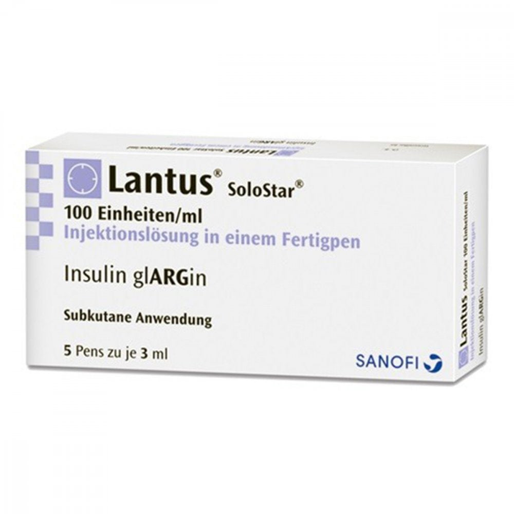 Das Produktfoto zeigt Lantus 100 E/Ml Solostar Inj.-Lsg.I.E.Fertigpen (5X3 ml) PZN 05387819